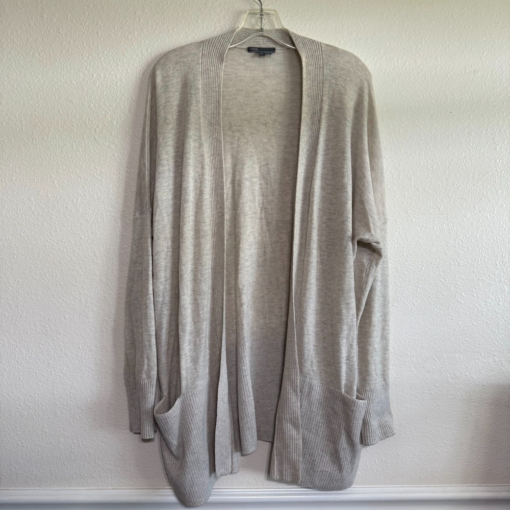 Vince Duster Cardigan Womens Large Beige Wool Cashmere Rib Knit Open Sweater